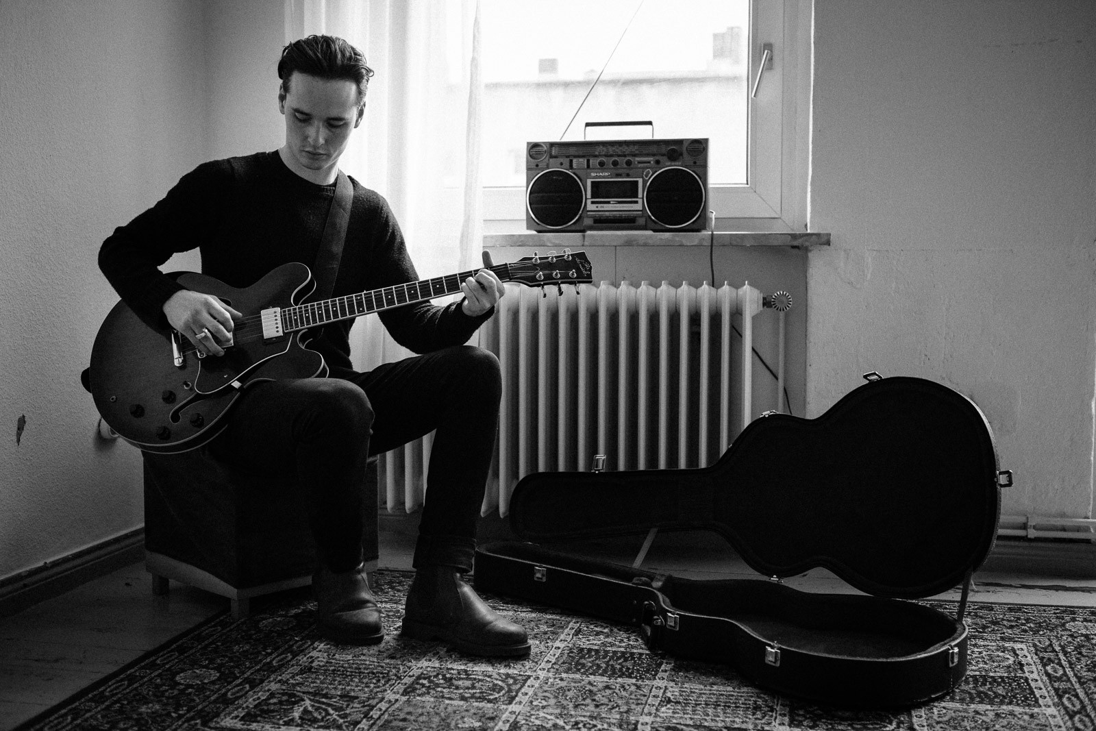 guitar musician black and white portrait boombox